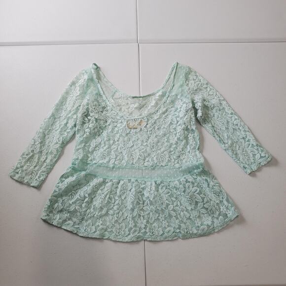 Y2K Hollister Shirt Babydoll Womens XS Green Lace Peplum 3/4 Sleeve Scoop Sheer - Picture 2 of 7